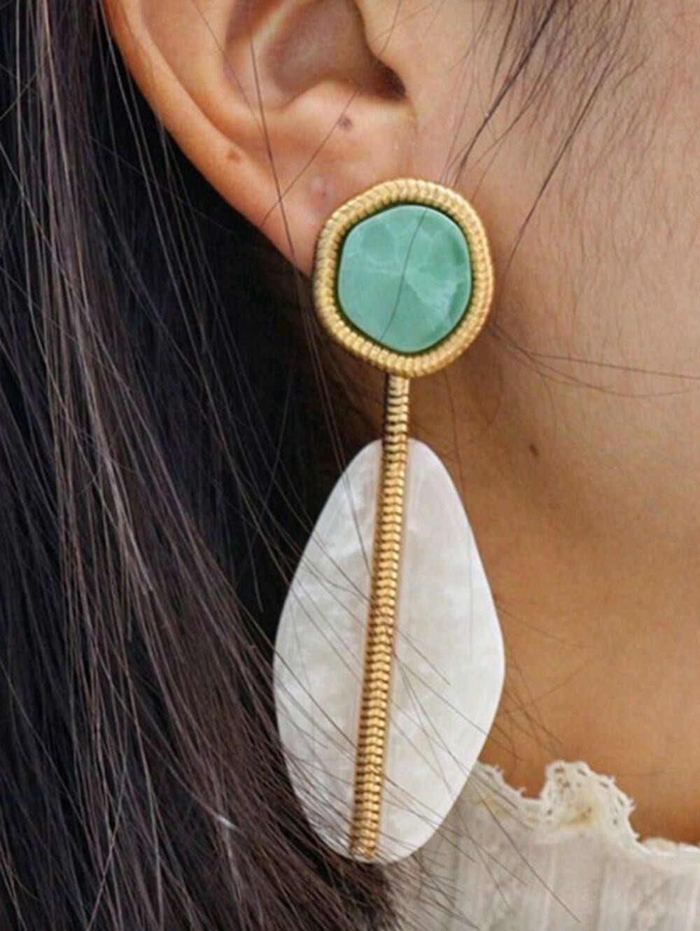 NEW! ZARA Gold Drop Earrings with Mint Green Stone and White Shell Accent